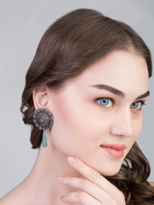 Silver-Toned & Turquoise Blue Oxidised Circular Drop Earrings