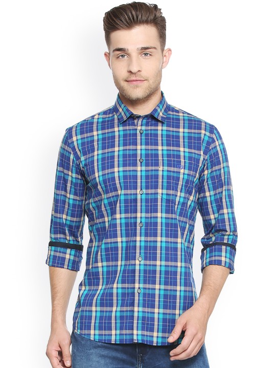 Men Blue & Off-White Slim Fit Checked Casual Shirt 38 -  1999
