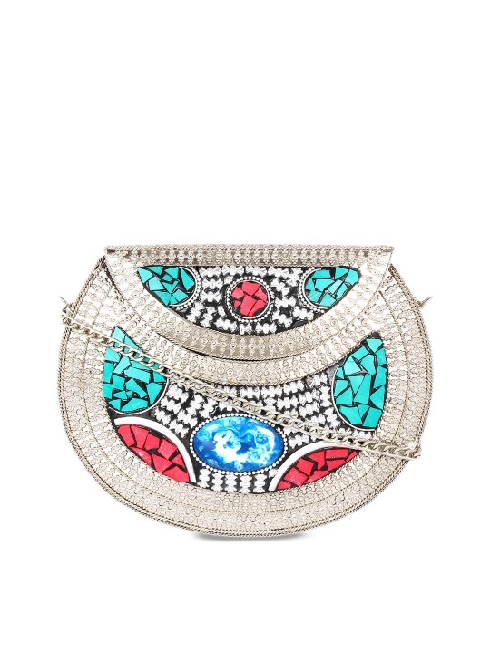 Silver-Toned & Multicoloured Embellished Clutch