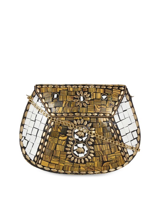 Gold-Toned & White Embellished Clutch