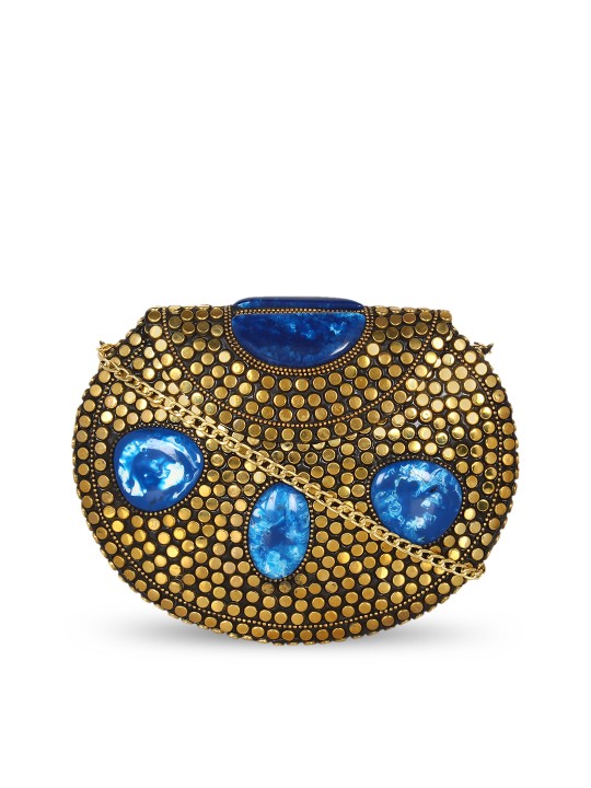 Gold-Toned & Blue Embellished Clutch