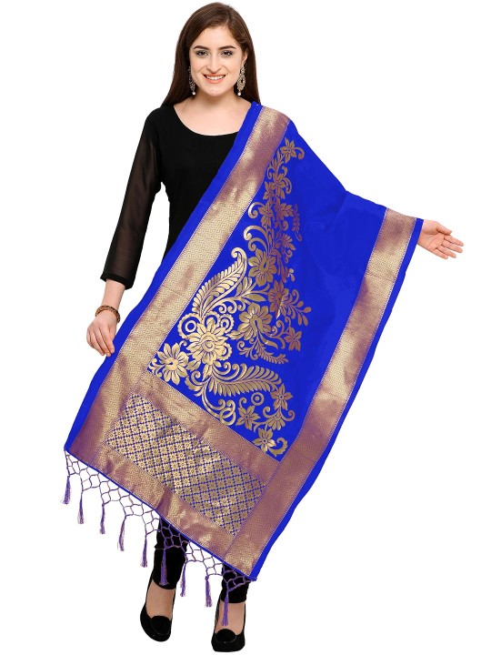 Blue & Gold-Toned Woven Design Dupatta