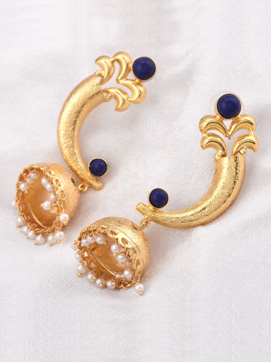 Gold-Plated & Blue Dome Shaped Jhumkas
