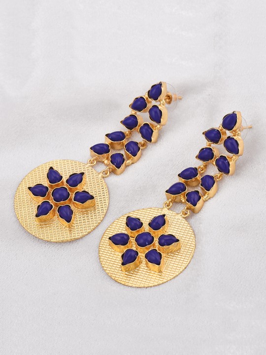 Gold-Toned & Blue Floral Drop Earrings
