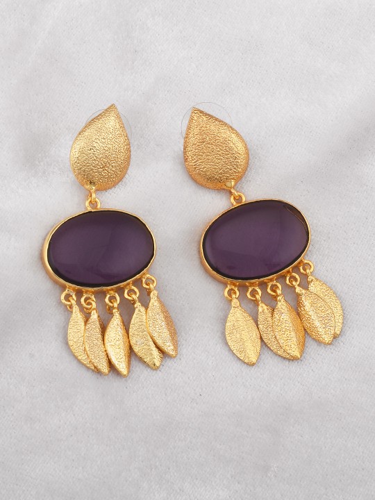 Gold-Plated & Purple Contemporary Drop Earrings