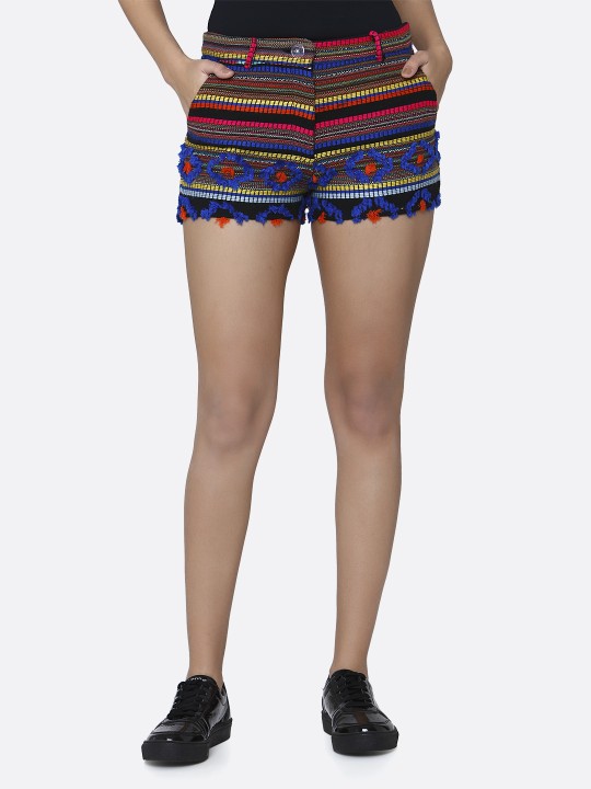 Women Blue Self Design Slim Fit Regular Shorts 25