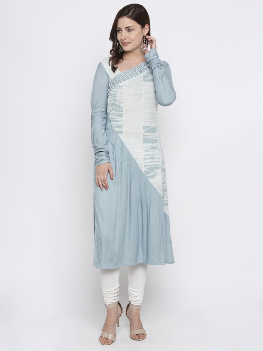 Women Blue & White Printed A-Line Kurta XS