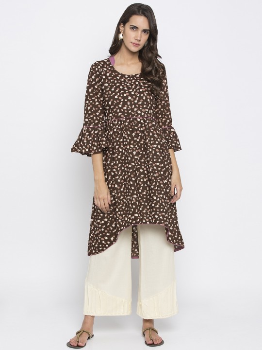Women Brown & Beige Printed A-Line Kurta XS