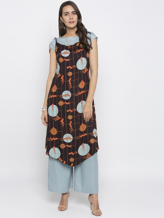 Women Coffee Brown & Blue Printed Layered A-Line Kurta XS