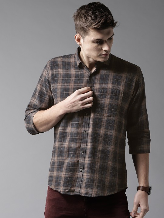 Men Brown & Blue Regular Fit Checked Casual Shirt 38