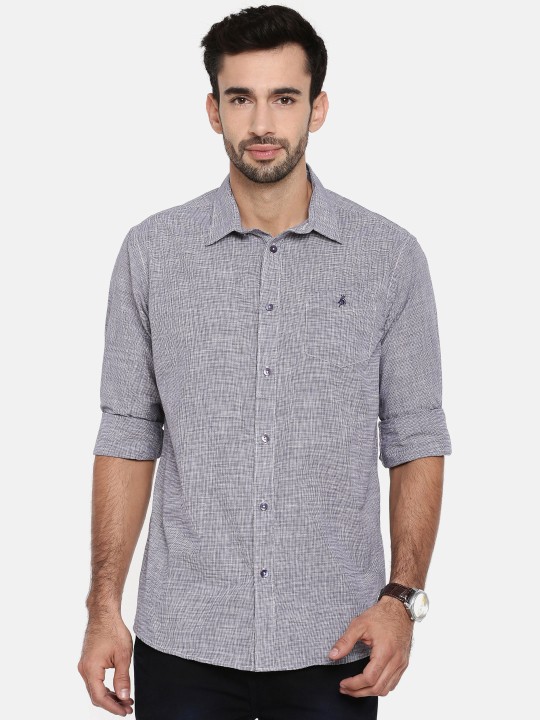 Men Navy Blue & White Regular Fit Checked Casual Shirt 38