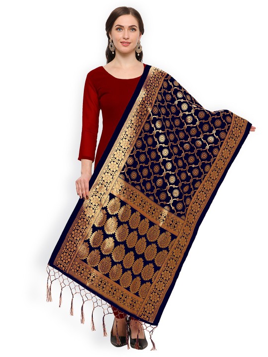 Navy Blue Woven Design Banarasi Silk Dupatta