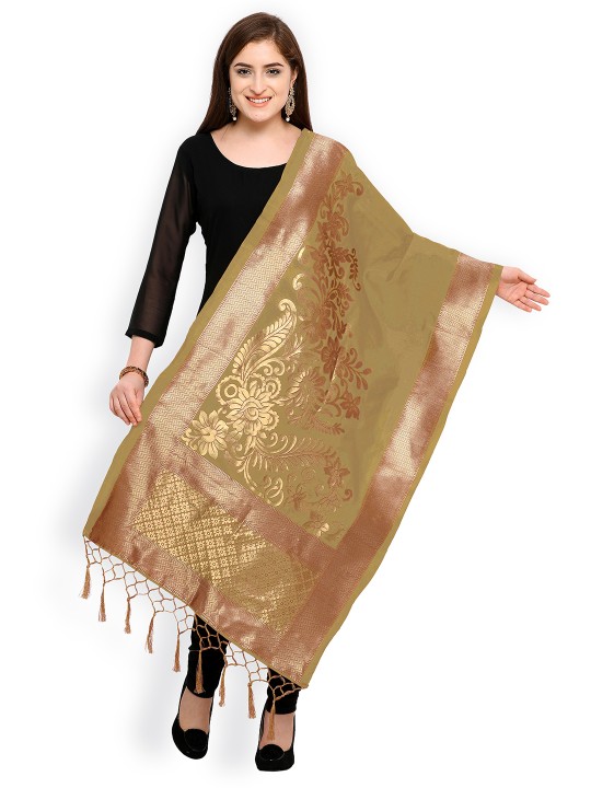 Beige & Gold-Toned Woven Design Banarasi Silk Dupatta