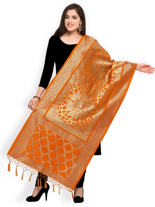 Orange and Gold-Toned Zari -Work Dupatta