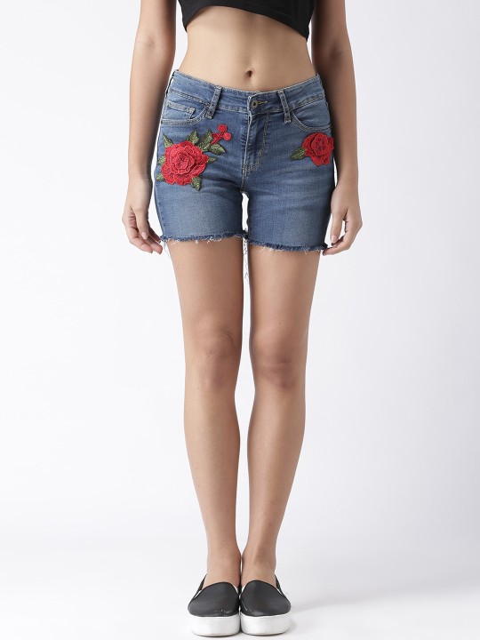 Women Blue Printed Slim Fit Denim Shorts 26