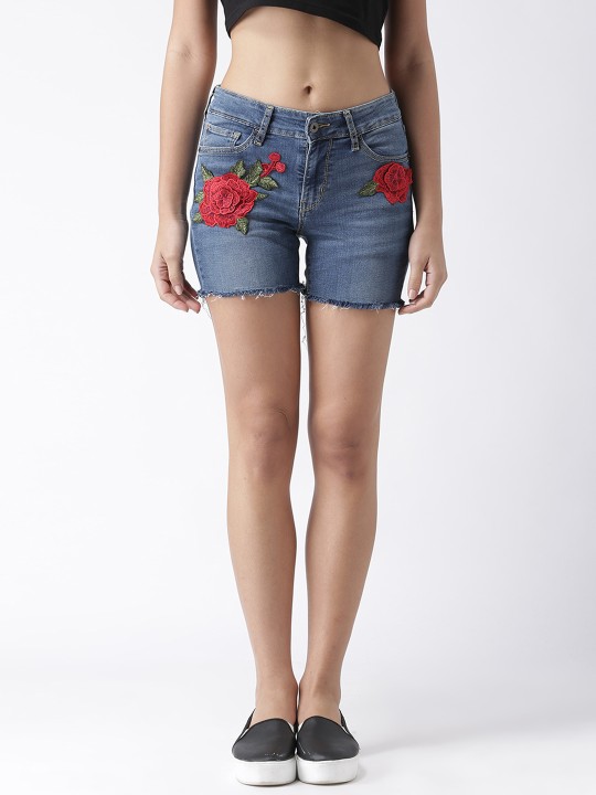 Women Blue Printed Slim Fit Denim Shorts 26