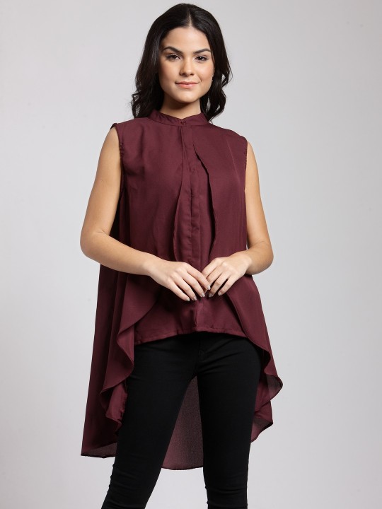 Women Maroon Solid High-Low Top S