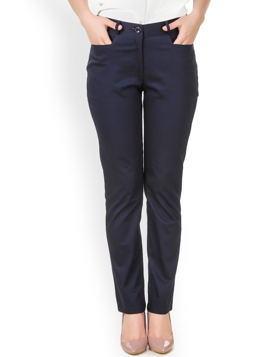 Women Navy Blue Slim Fit Solid Regular Trousers 28