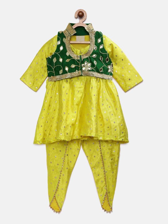 Girls Yellow & Green Self Design Kurta with Patiala 1-2Y