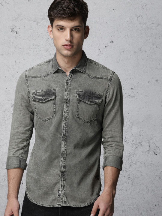 Men Grey Slim Fit Faded Casual Chambray Shirt 46