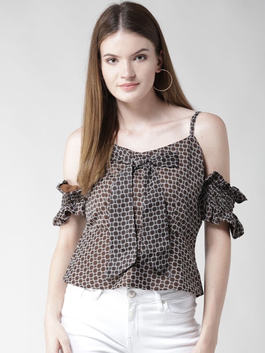 Women Brown Printed Cold Shoulder A-Line Top XS