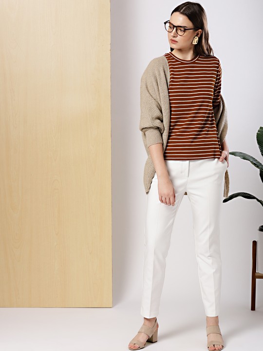 Women Rust Brown & White Striped Top S