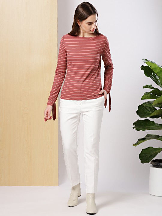 Women Rust Red & White Striped Top S
