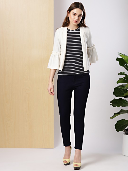 Women Navy & White Striped Top S