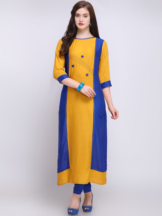 Women Yellow & Blue Colourblocked A-Line Kurta M