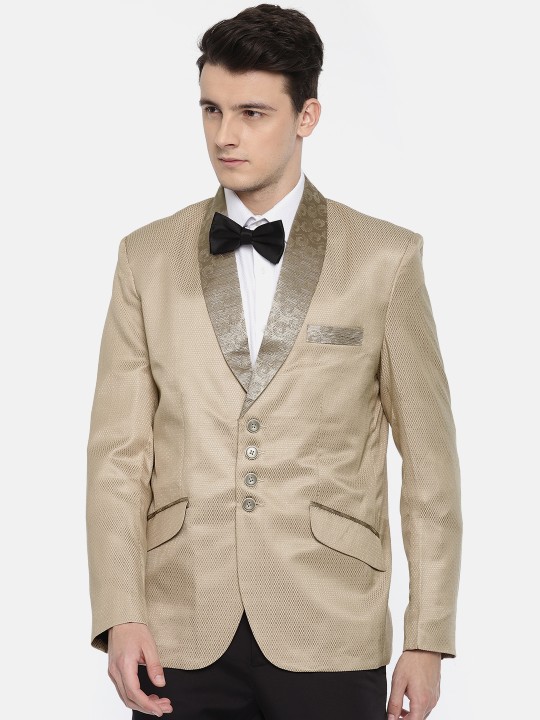 Men Beige Self Checked Single Breasted Party Blazer 38
