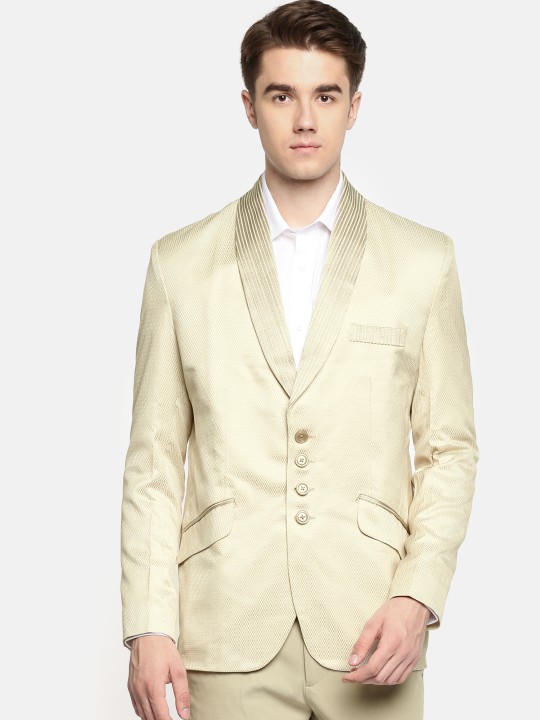 Cream-coloured Single-Breasted Self-Design Slim Fit Smart Casual Blazer 36