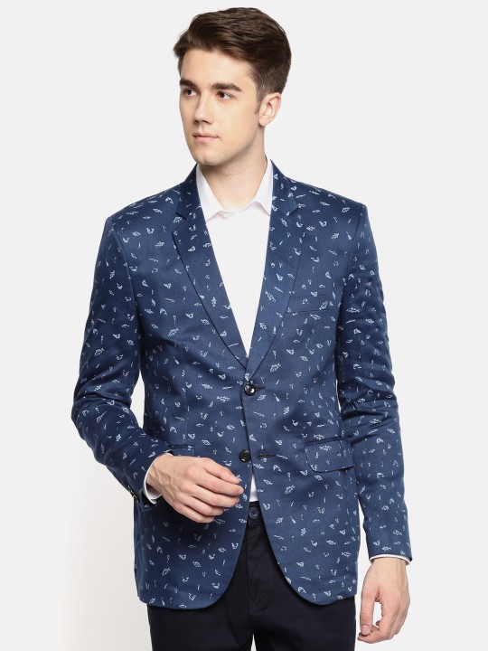 Blue Printed Single-Breasted Slim Fit Smart Casual Blazer 36