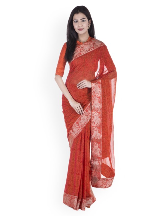 Orange & Red Pure Georgette Printed Saree