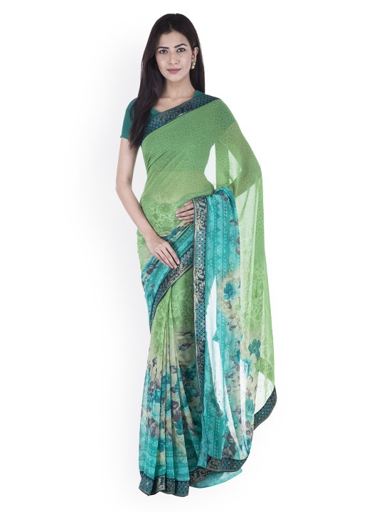 Green & Blue Pure Georgette Printed Saree