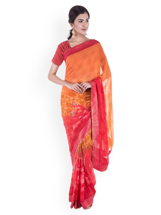 Orange Printed Pure Georgette Saree