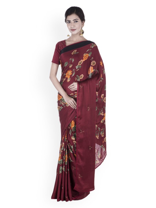 Maroon Printed Pure Crepe Saree