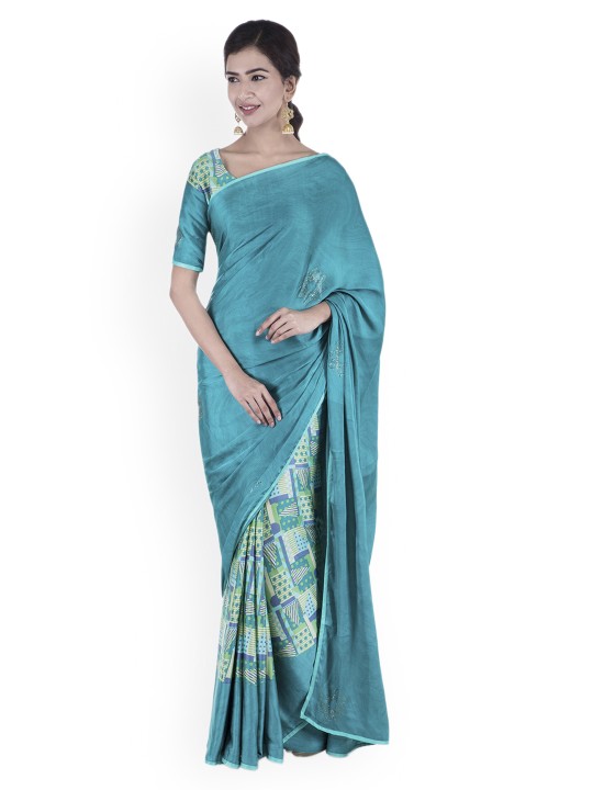 Teal Printed Pure Crepe Saree