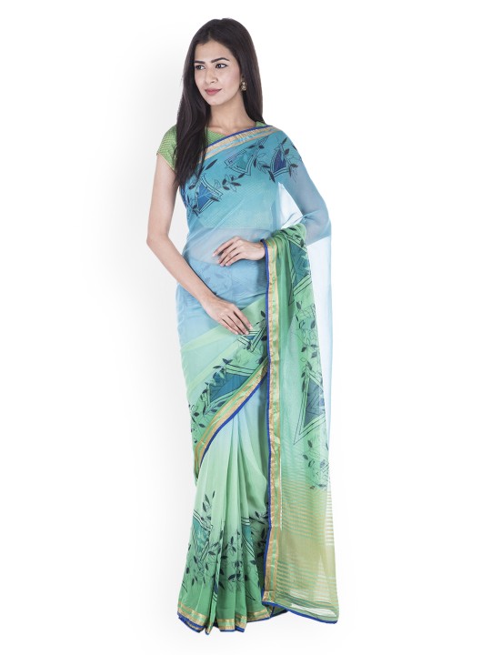 Green & Blue Poly Chiffon Printed Saree