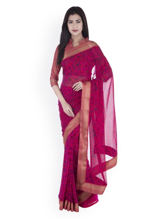 Pink Printed Poly Chiffon Saree