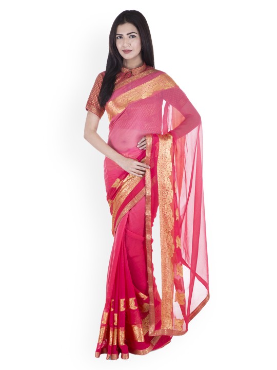 Pink Printed Poly Chiffon Saree
