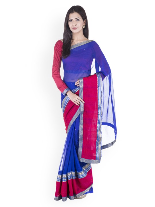 Blue Printed Poly Chiffon Saree