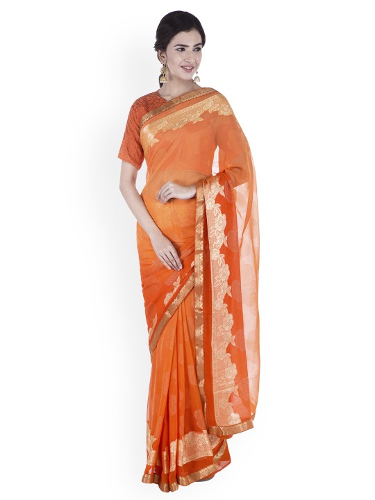 Orange Woven Design Poly Chiffon Saree