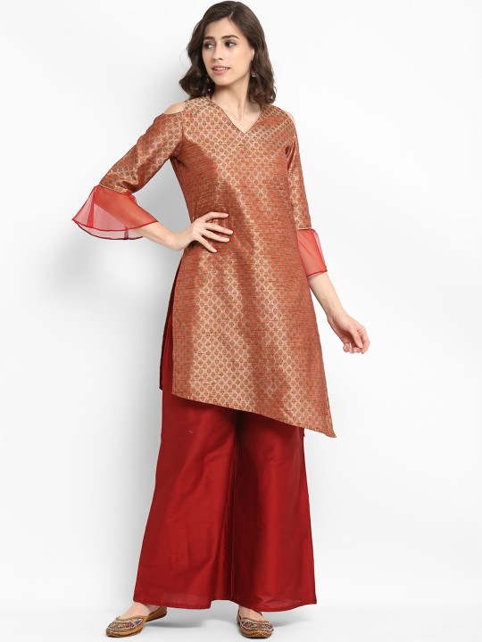 Women Gold-Toned & Maroon Woven Design A-Line Kurta XS