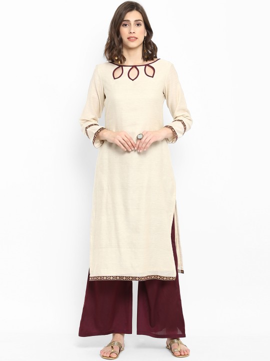 Women Off-White Solid Straight Kurta XS