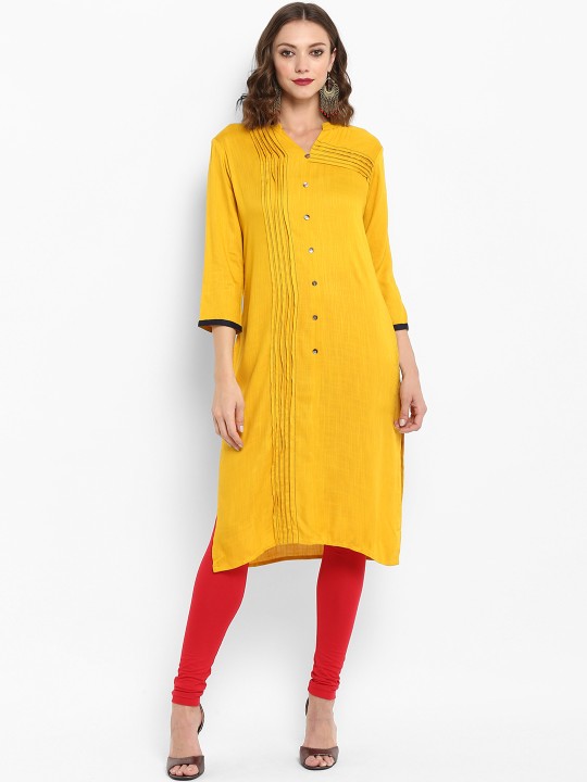 Women Mustard Yellow Solid Straight Kurta XS