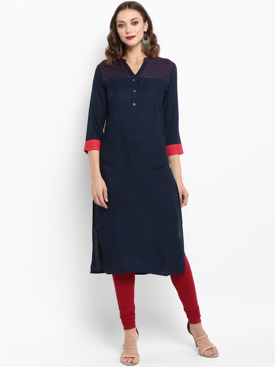 Women Navy Blue Solid Straight Kurta XS