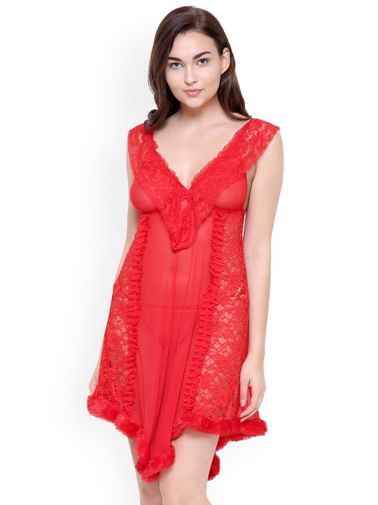 Red Self Design Baby Doll 6610Red