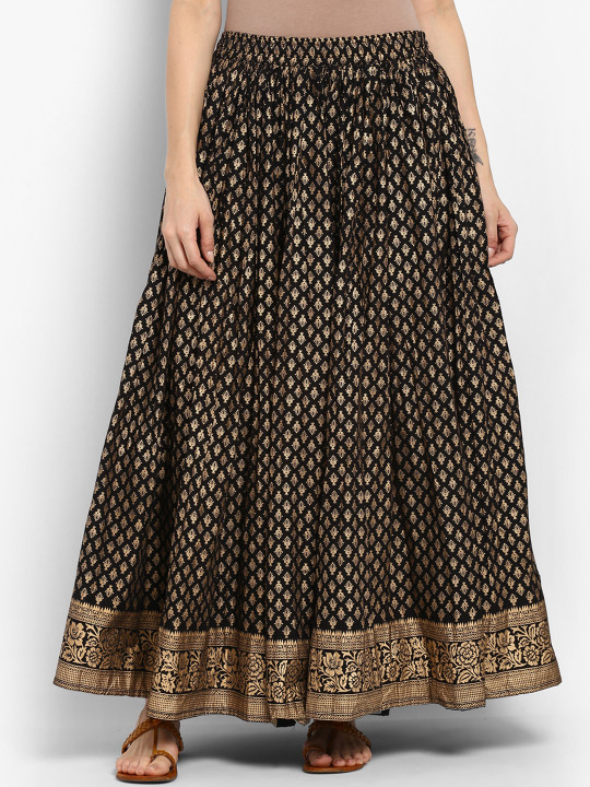 Varanga Black Printed Maxi Pure Cotton Skirt