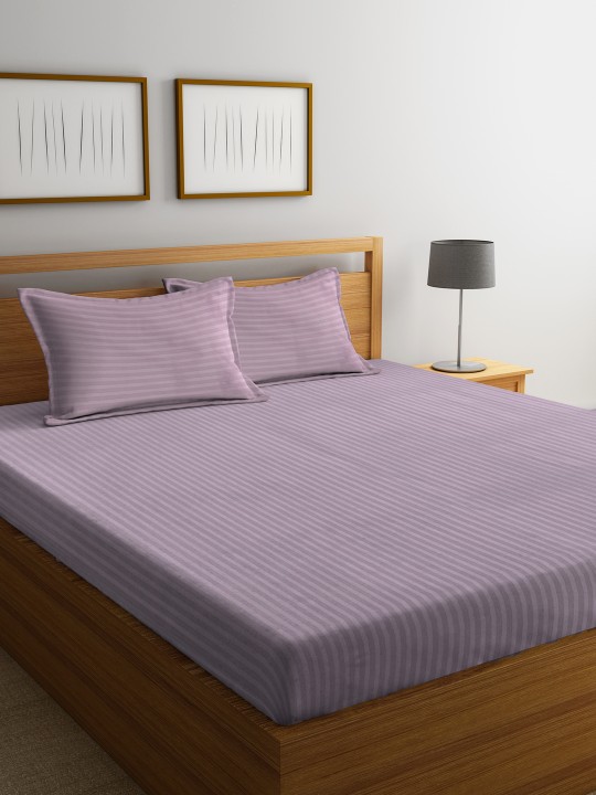 Purple Striped Flat 210 TC Cotton 1 Double Bedsheet with 2 Pillow Covers
