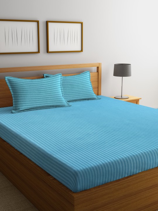 Teal Striped Flat 210 TC Cotton 1 Double Bedsheet with 2 Pillow Covers